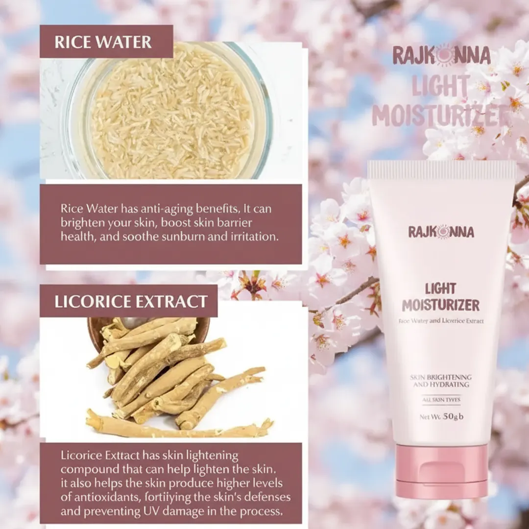 Ingredients and label of Rajkonna Light Moisturizer All Skin Types 50gm