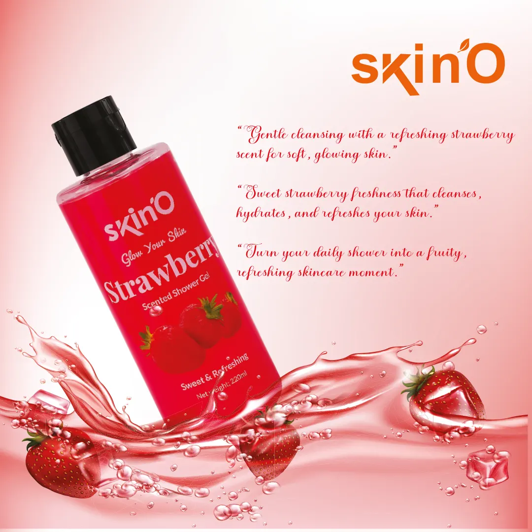 Side view of skin'O Strawberry Scented Shower Gel 220ml