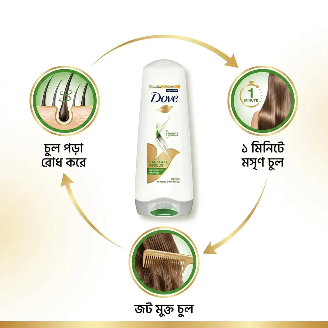Dove Hair Fall Rescue Conditioner 170ml showing hair strengthening and hair fall control benefits