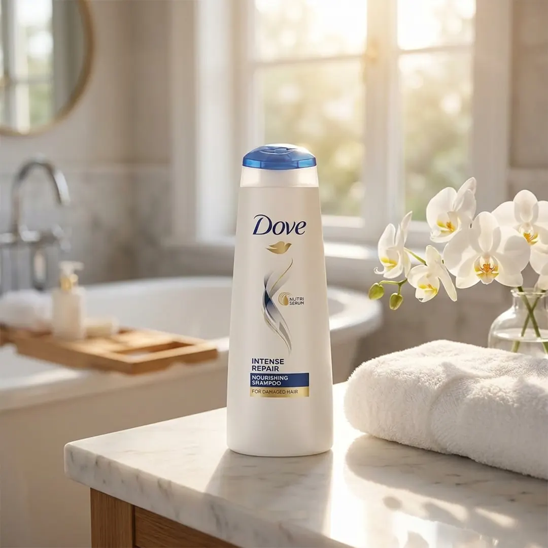 Woman using Dove Intense Repair Shampoo 170ml for silky smooth healthy hair lifestyle concept