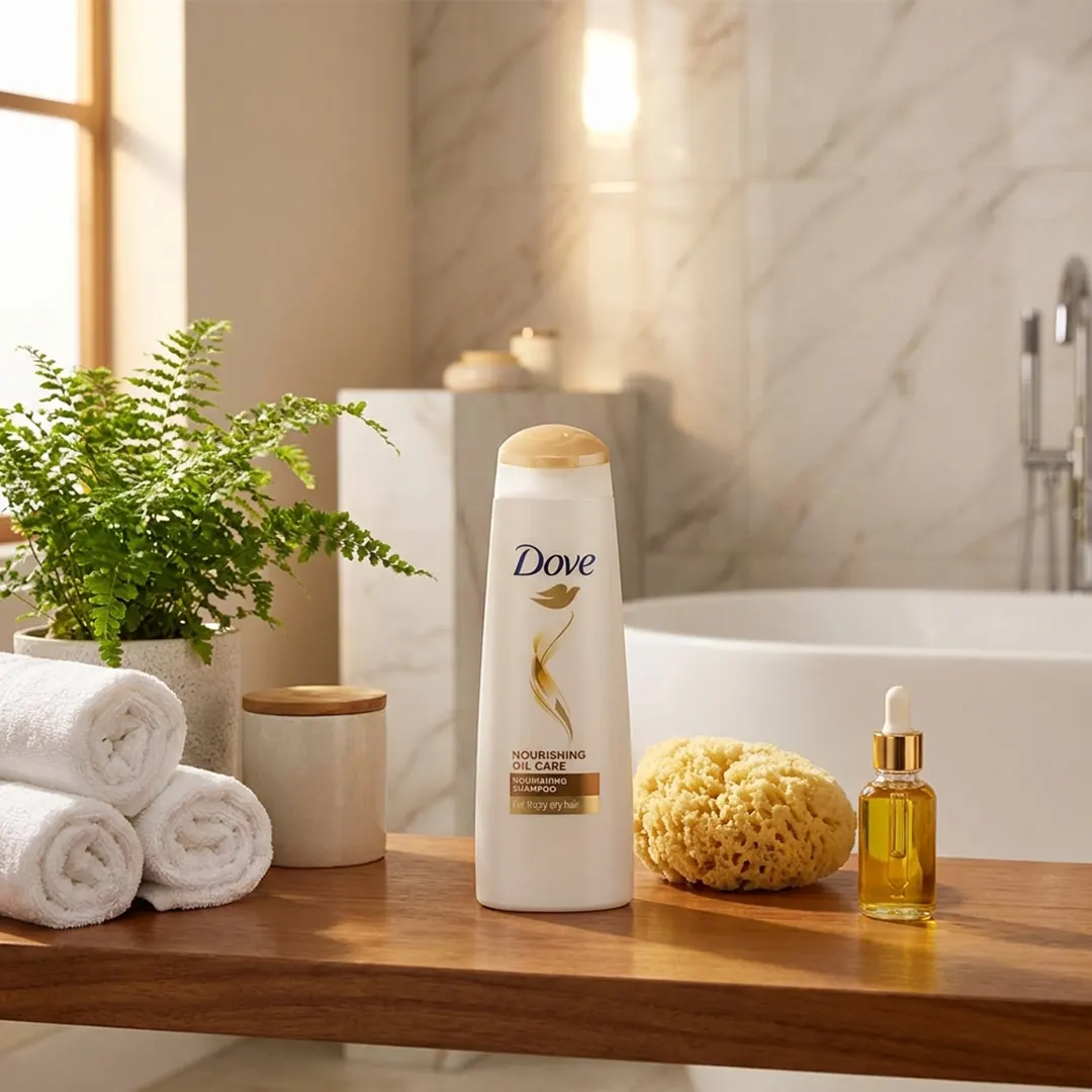 Woman enjoying soft silky hair after using Dove Nourishing Oil Care Shampoo 170ml