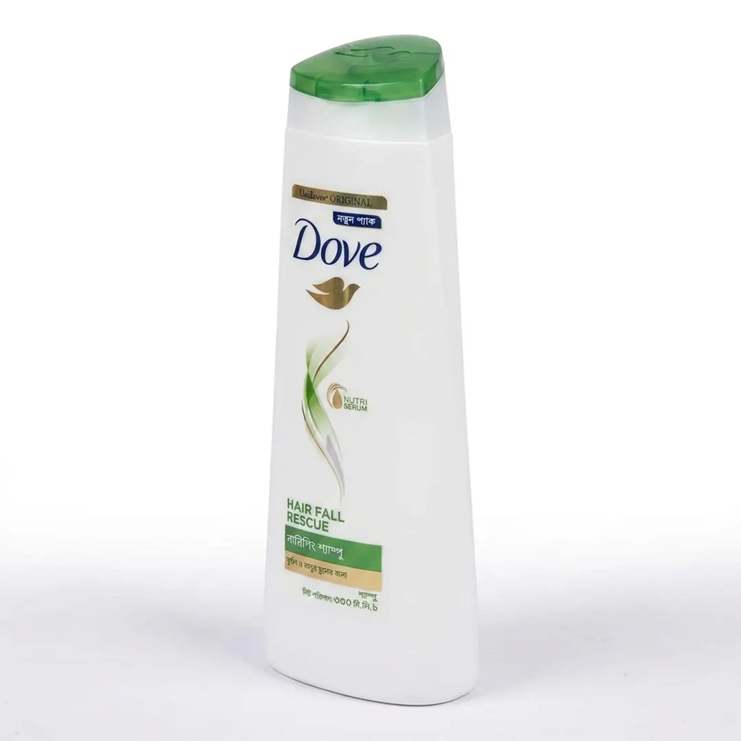 Side angle view of Dove Shampoo Hairfall Rescue 330ml bottle showing packaging details