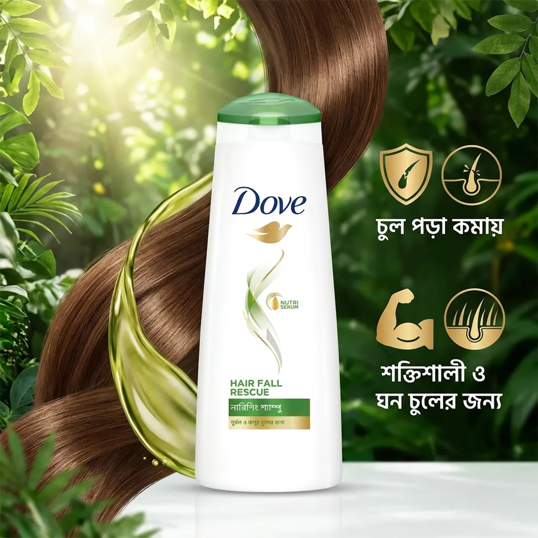 Benefits image of Dove Shampoo Hairfall Rescue 330ml showing hair fall reduction and smooth hair care