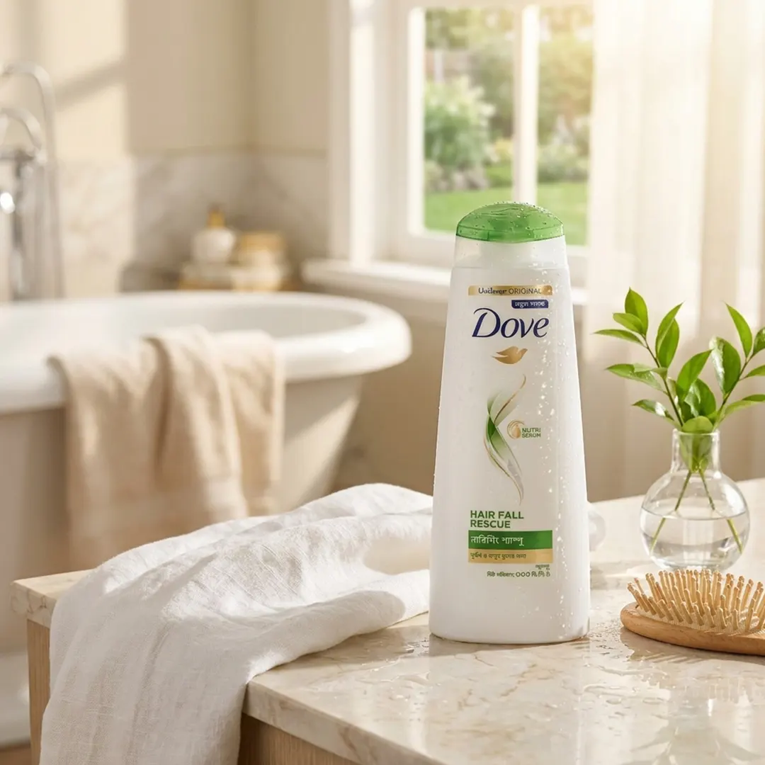 Woman using Dove Shampoo Hairfall Rescue 330ml for healthy and smooth hair lifestyle concept