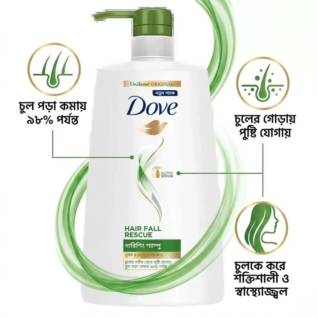 Dove Shampoo Hairfall Rescue 650ml showing hair fall control benefits and strong hair