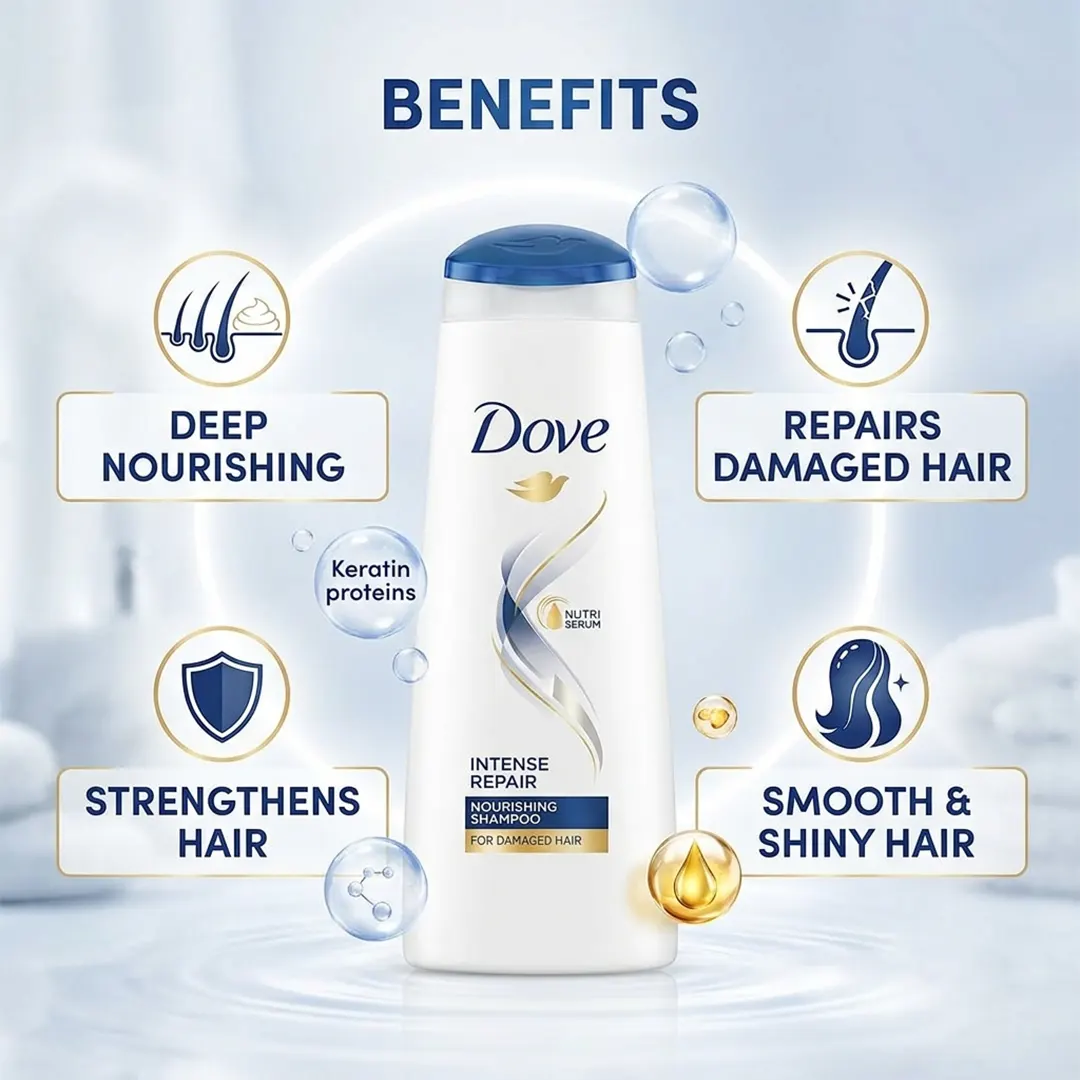 Dove Shampoo Intense Repair 170ml benefits image showing hair repair smoothness and nourishment