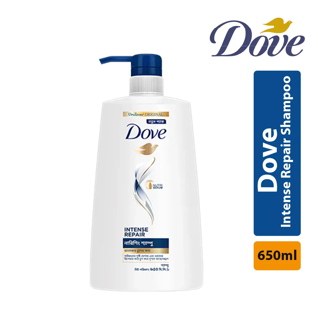 Dove Shampoo Intense Repair 650ml original bottle front view on white background