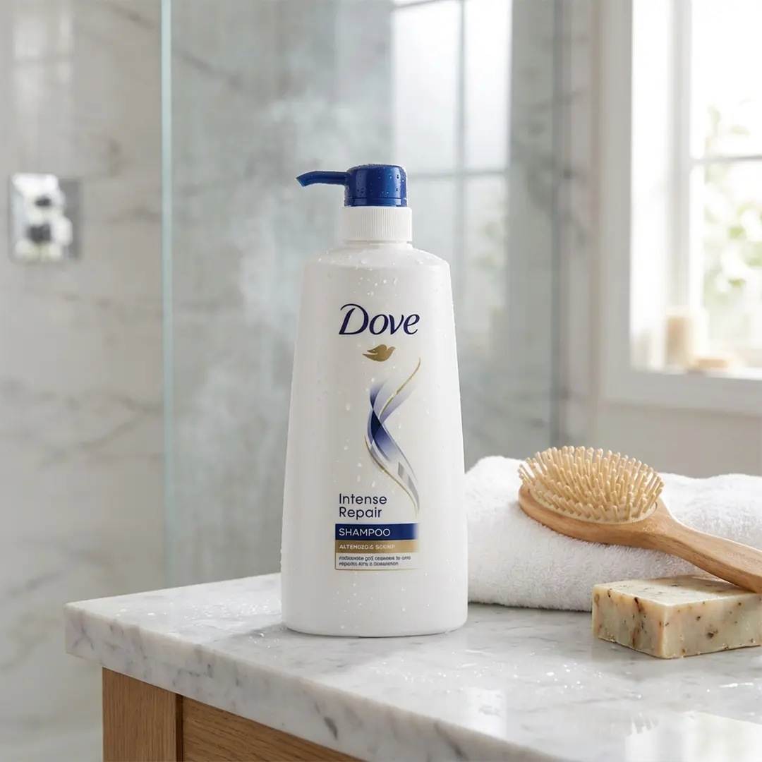 Woman using Dove Intense Repair Shampoo 650ml for smooth silky hair