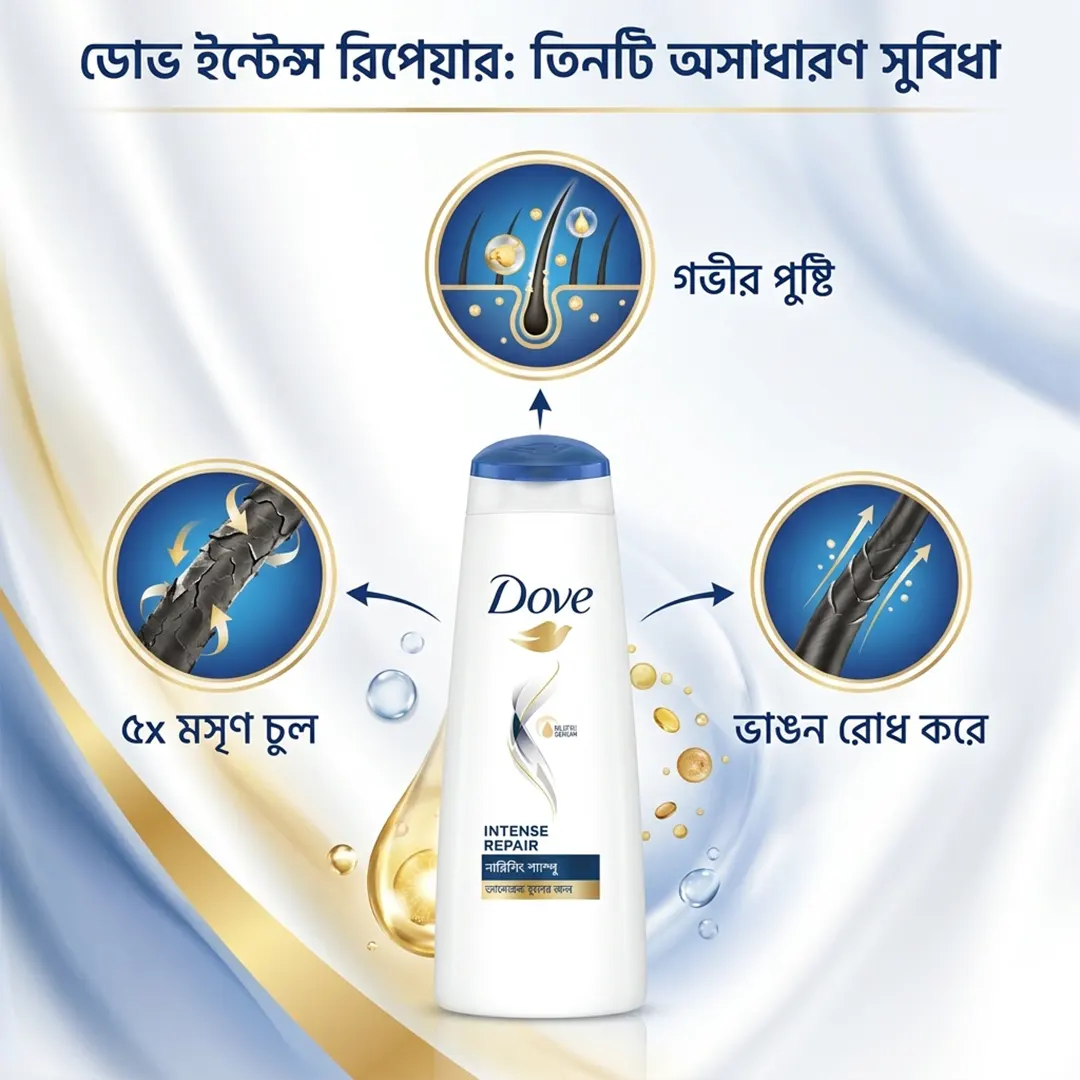 Dove Intense Repair Shampoo 80ml চুলের ড্যামেজ রিপেয়ার ও সফটনেস বেনিফিট প্রদর্শন করছে