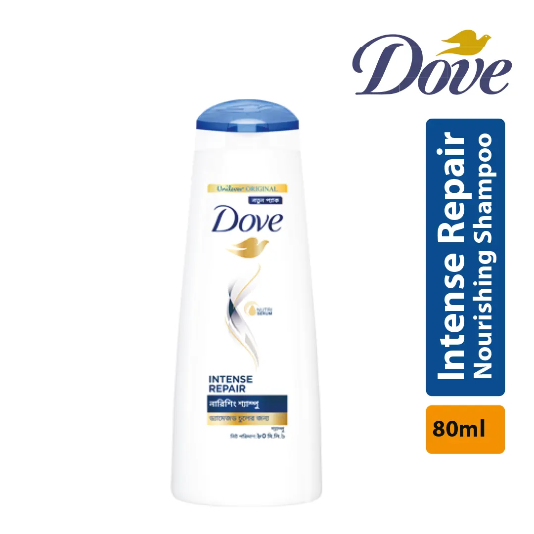 Dove Intense Repair Shampoo 80ml এর ক্লিন প্রোডাক্ট ইমেজ সাদা ব্যাকগ্রাউন্ডে প্রদর্শিত