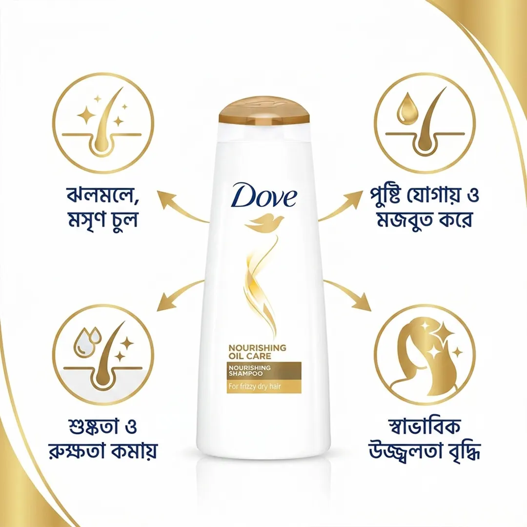 Dove Nourishing Oil Care Shampoo 170ml with smooth shiny hair benefits illustration