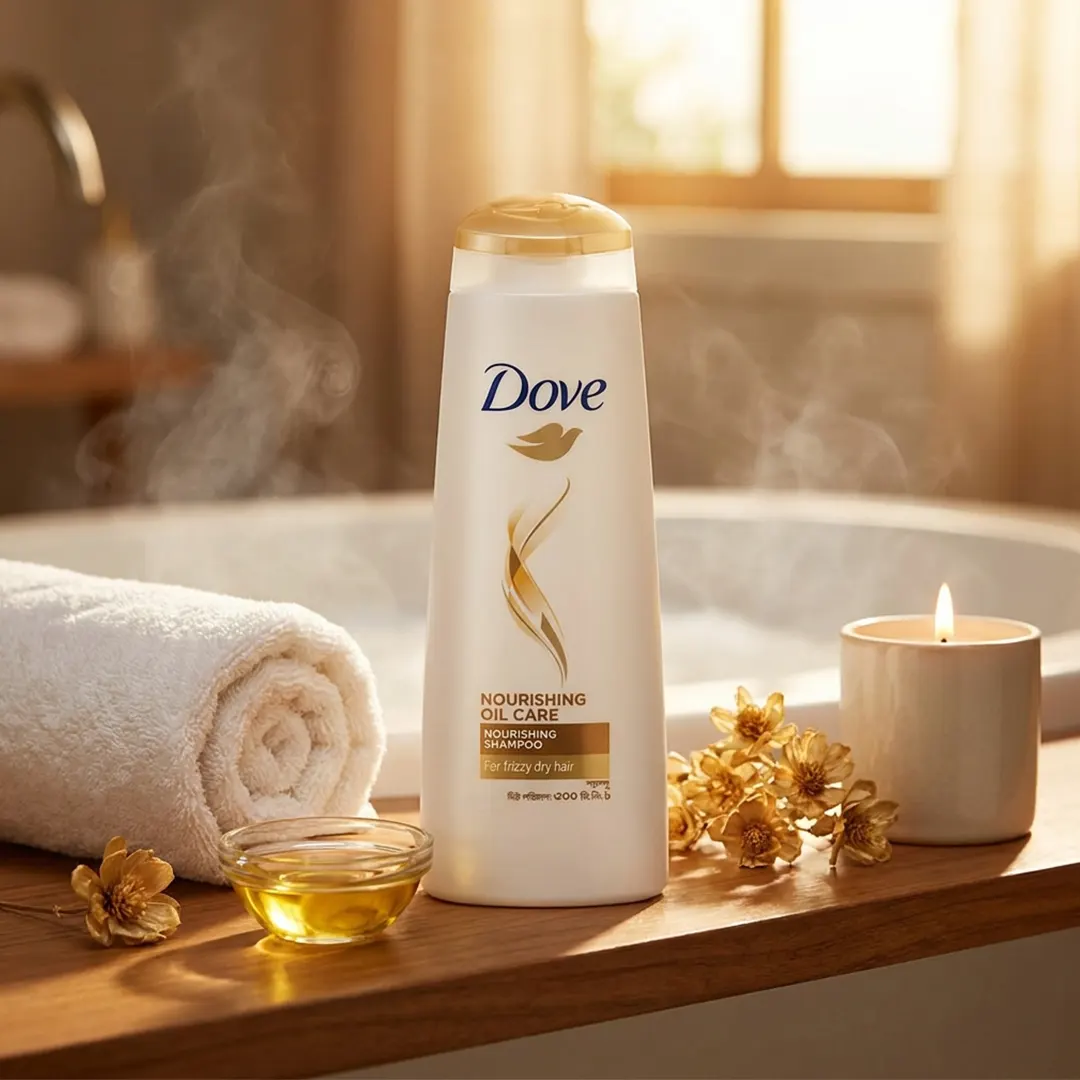 একজন নারী Dove Shampoo Nourishing Oil Care 330ml ব্যবহার করে স্বাস্থ্যকর, নরম ও উজ্জ্বল চুল উপভোগ করছে