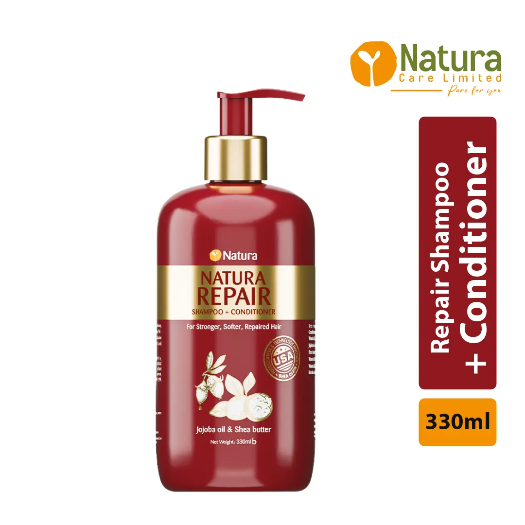 Natura Repair Shampoo + Conditioner 330ml বোতল পরিষ্কার ও প্রিমিয়াম প্রোডাক্ট প্রেজেন্টেশন
