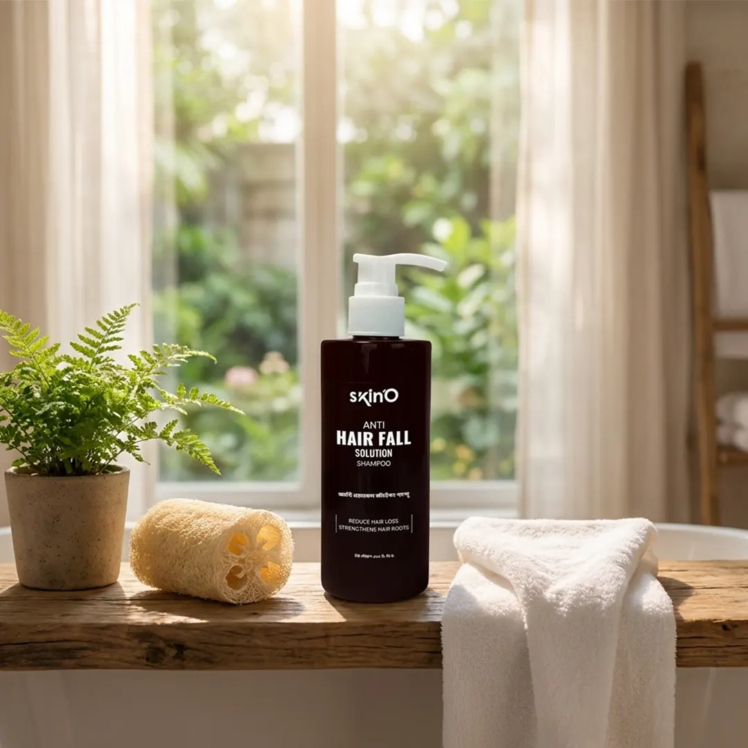 skinO Anti Hair Fall Shampoo 220ml ব্যবহার করছে একজন নারী বাথরুমে