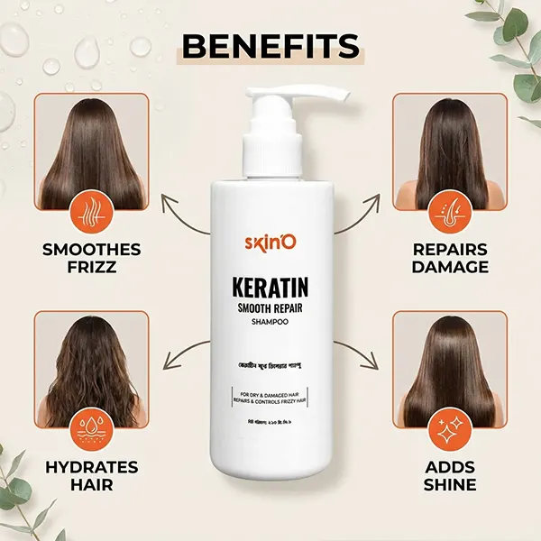 skinO Keratin Smooth Repair Shampoo benefits for smooth and frizz free hair illustration