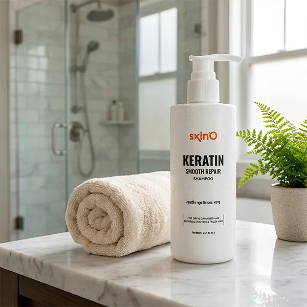 woman using skinO Keratin Smooth Repair Shampoo in bathroom hair care routine
