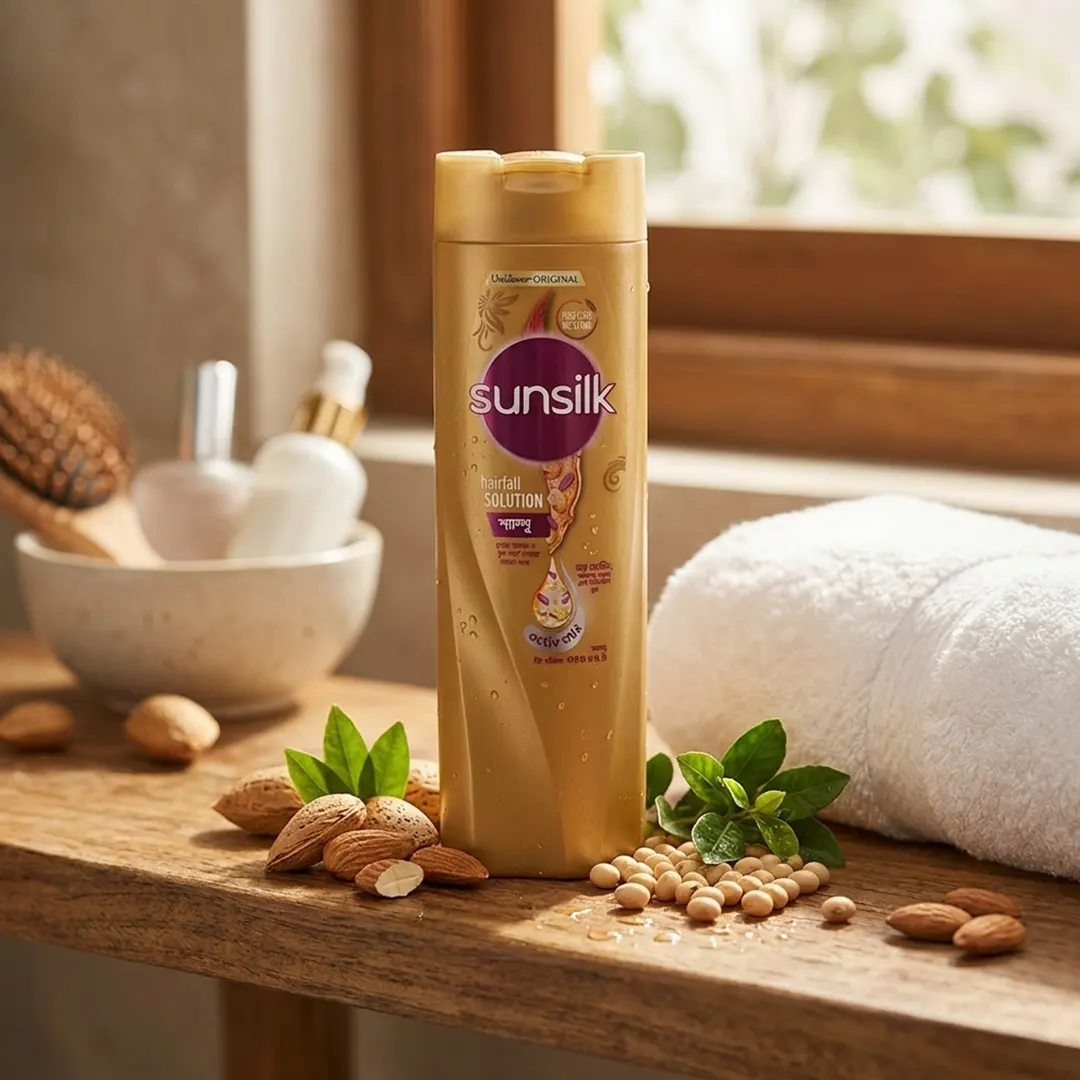 Woman using Sunsilk Hair Fall Solution Shampoo 340ml for healthy shiny hair