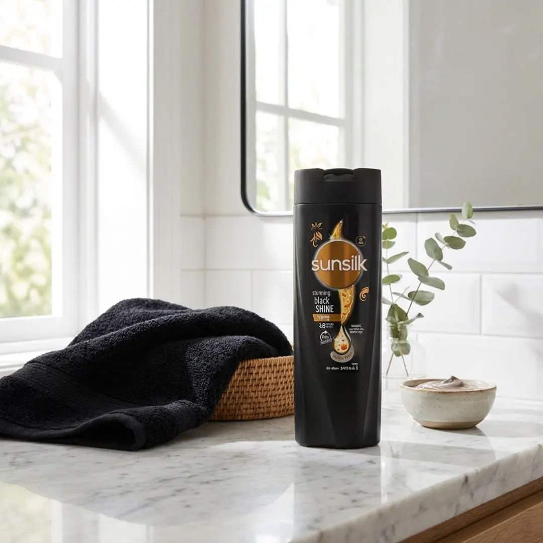 Woman using Sunsilk Stunning Black Shine Shampoo 170ml in bathroom