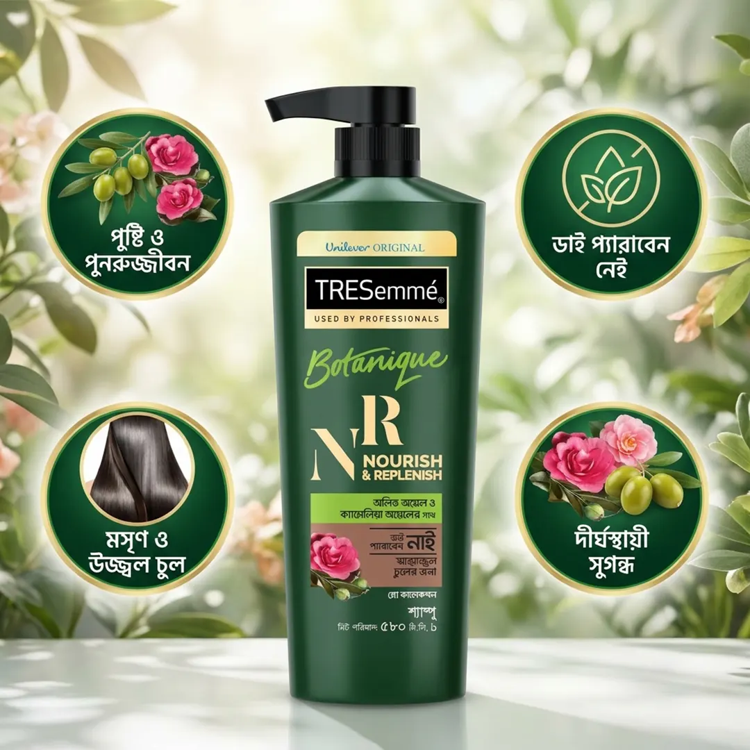 Tresemme Botanique Nourish and Replenish Shampoo 580ml এর উপকারিতা প্রদর্শনকারী ইনফোগ্রাফিক
