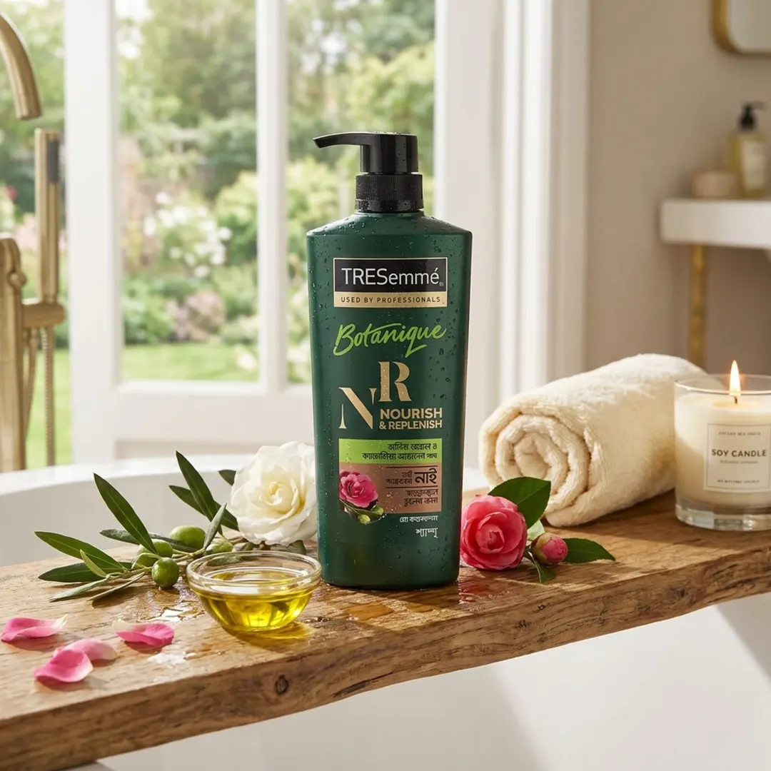 Tresemme Botanique Nourish and Replenish Shampoo ব্যবহার করে চুলের যত্ন নিচ্ছে এমন লাইফস্টাইল দৃশ্য
